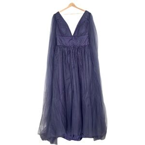 Purple Tulle Gown Lace Appliqué Empire Waist Long Flowy Tulle Sleeves Size 16